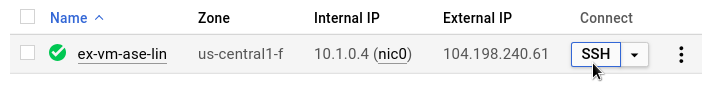 Botão SSH na página "Instâncias de VM" do Compute Engine.