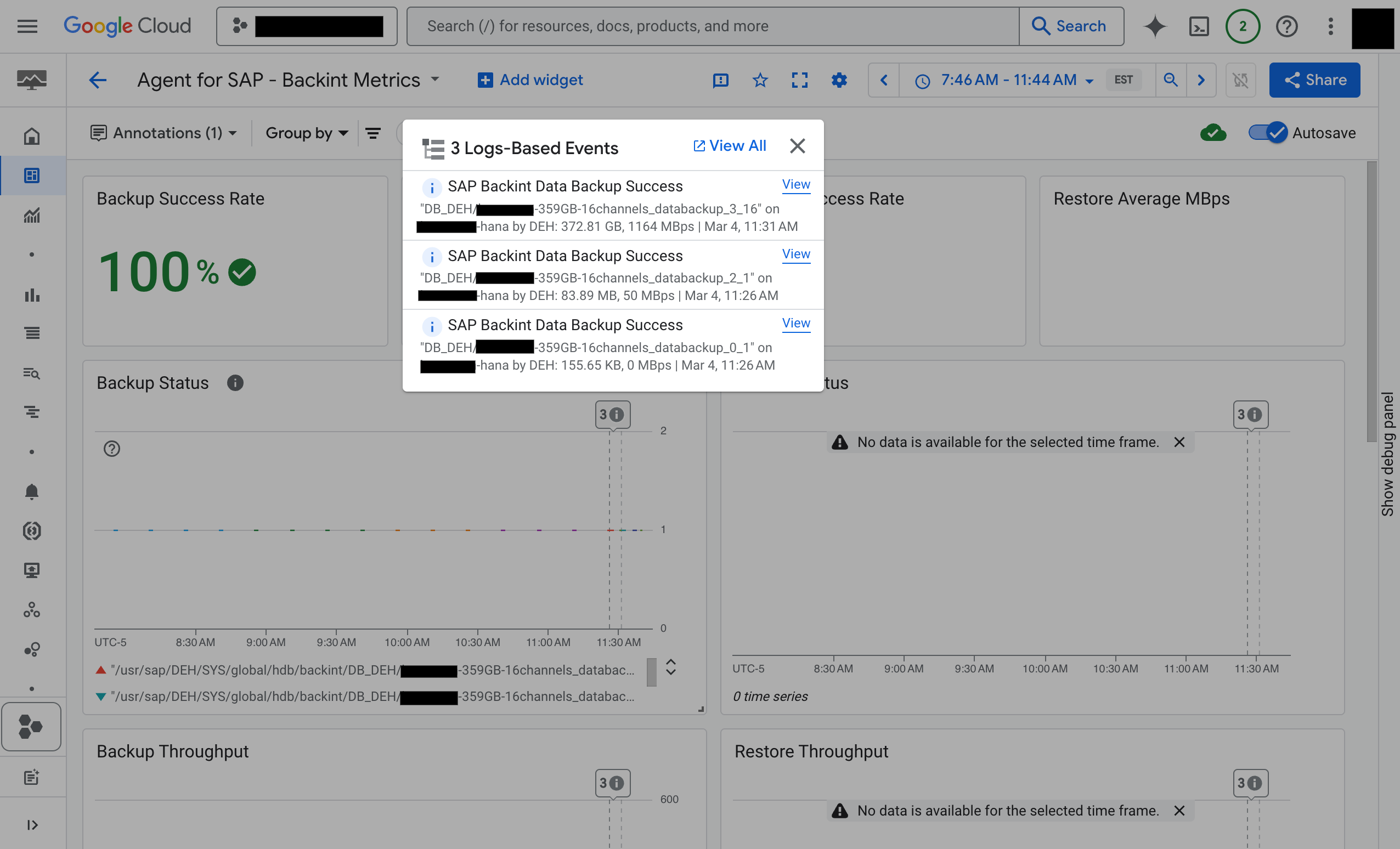 Capture d&#39;écran montrant les annotations d&#39;événement pour le type d&#39;événement SAP Backint.