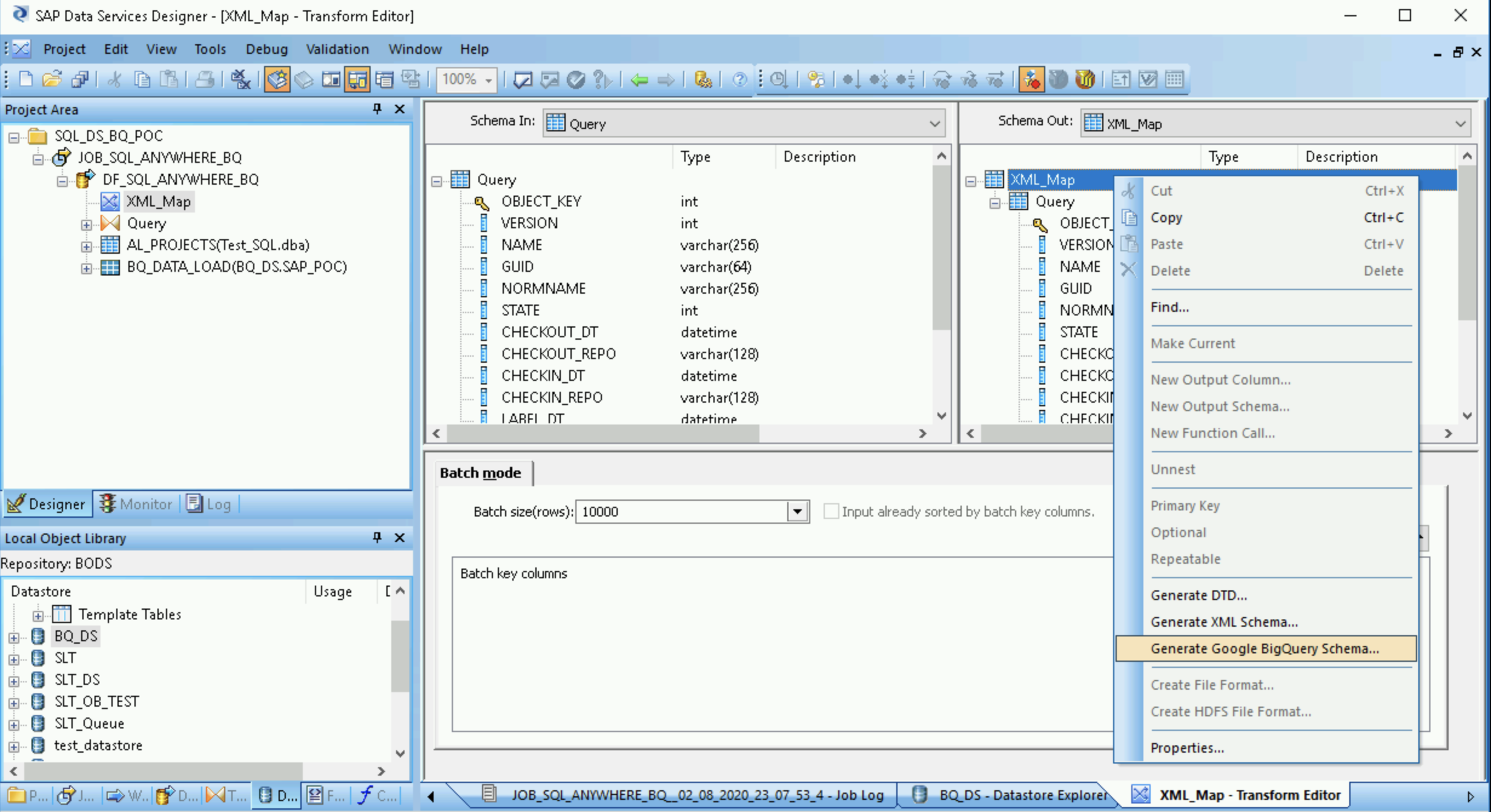 Screenshot SAP Data Services Designer yang menampilkan menu drop-down untuk menghasilkan skema Google BigQuery.