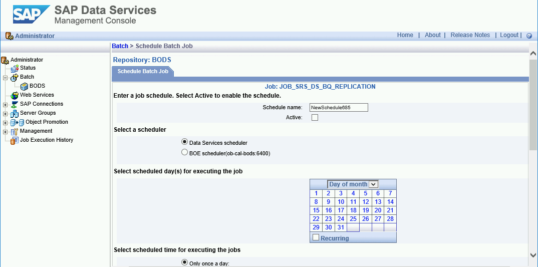 Uno screenshot della scheda Pianifica job batch nella console di gestione di SAP Data Services.