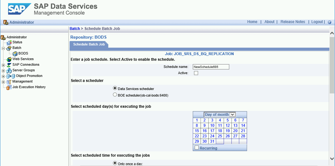 Capture d&#39;écran de l&#39;onglet &quot;Schedule Batch Job&quot; (Programmer une tâche par lot) dans SAP Data Services Management Console.