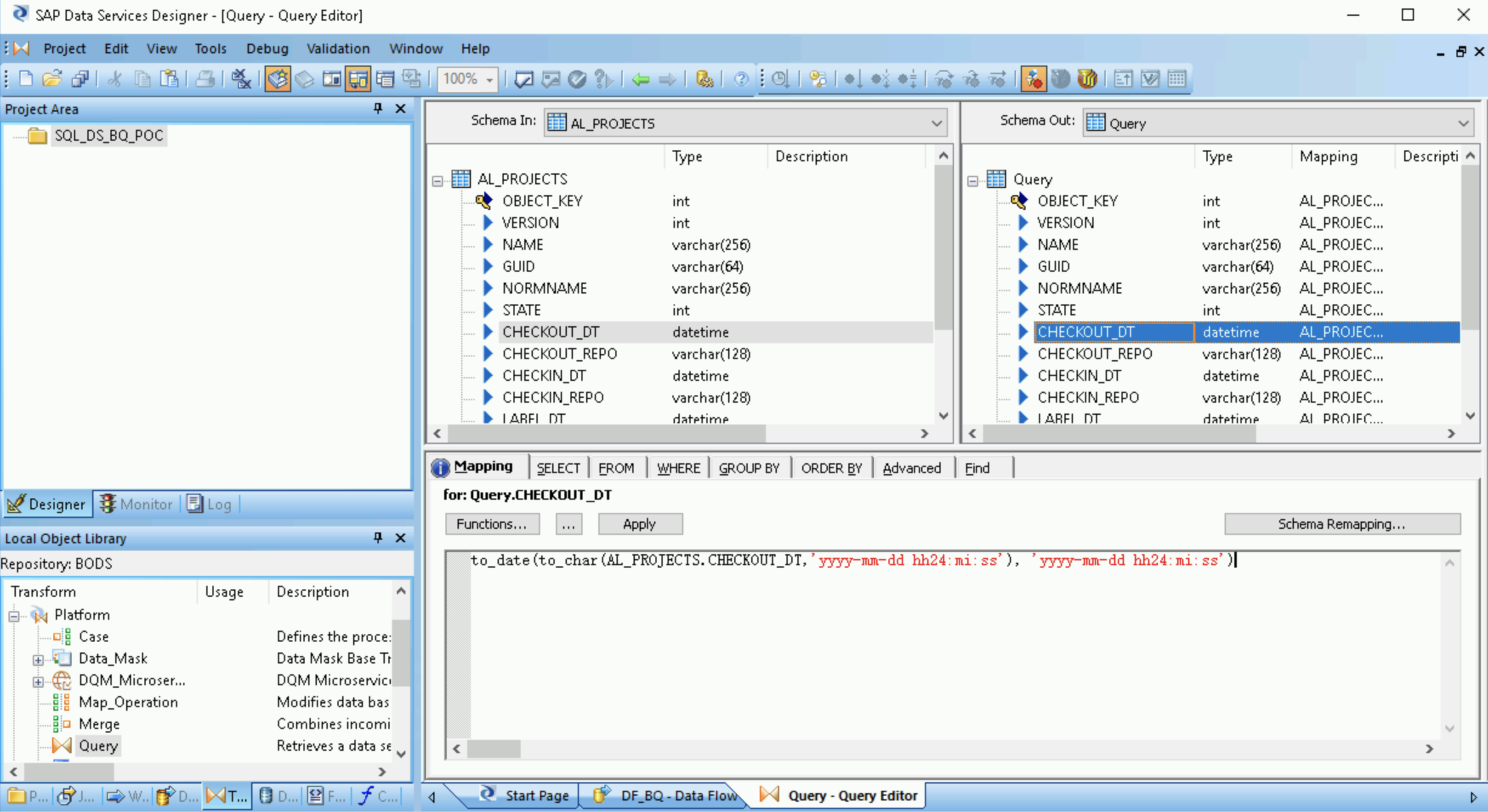 Capture d&#39;écran de SAP Data Services Designer illustrant la conversion du type de données date/heure d&#39;un champ.