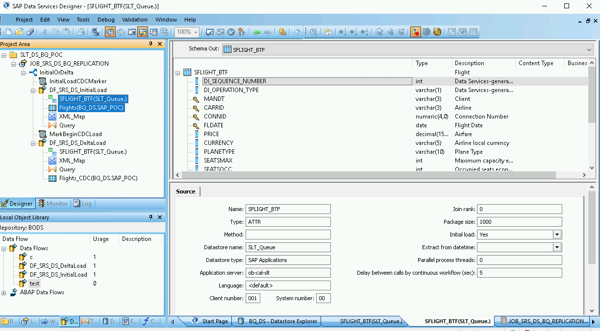 Uma captura de tela da janela do SAP Data Services Designer com a saída do esquema exibida.