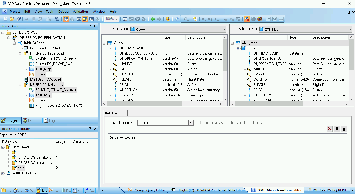 Captura de pantalla de la ventana del editor de Transformaciones que muestra los esquemas de entrada y salida