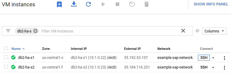 Bouton SSH sur la page "VM instances" (Instances de VM) de Compute Engine