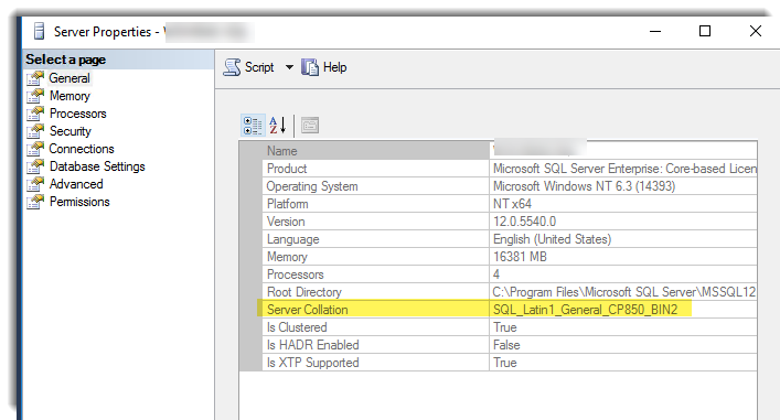 SQL Server-Dialogfeld mit Sortiereinstellungen