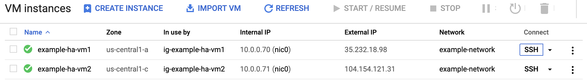 Tombol SSH di halaman instance VM Compute Engine.