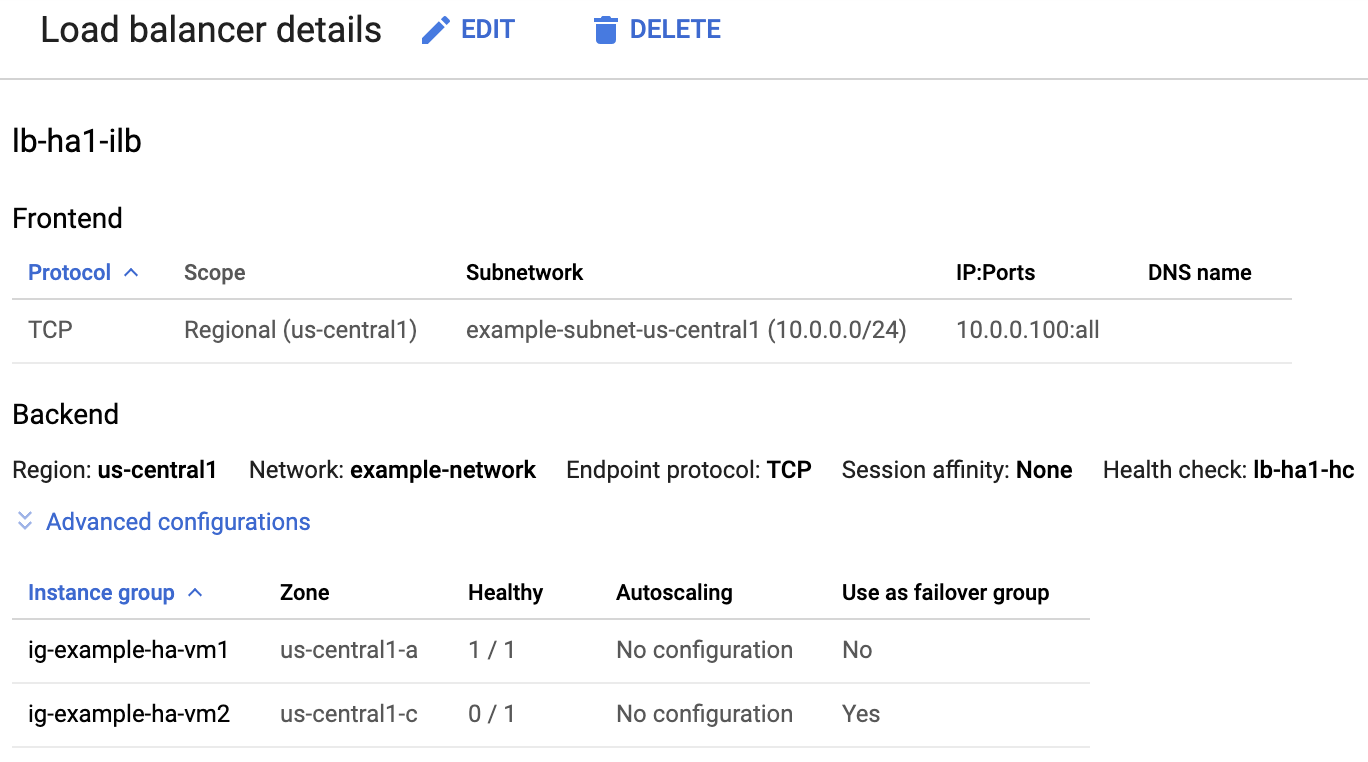 Shows the load balancer details page with the active primary instance group
indicated by "1/1" and the inactive secondary indicated by "0/1".