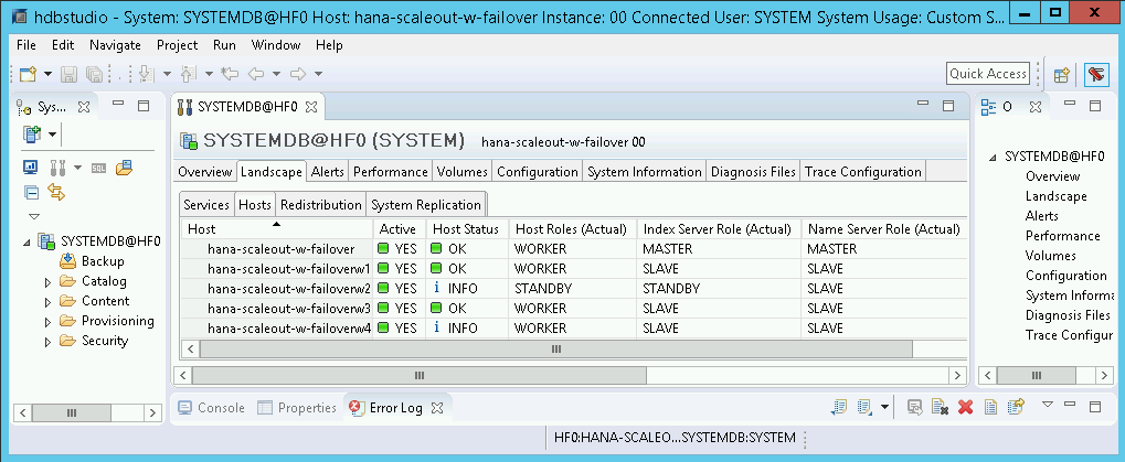 Capture d&#39;écran de la vue Landscape (Environnement) dans SAP HANA Studio