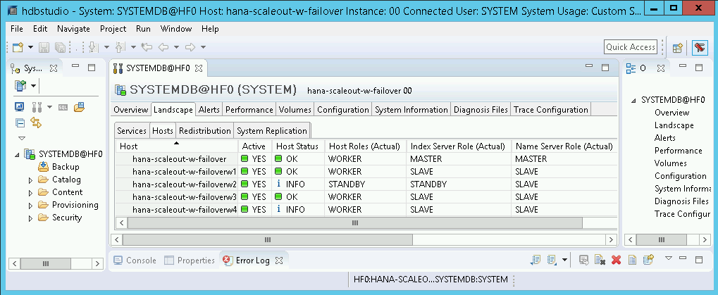 Captura de pantalla de la vista Entorno de SAP HANA Studio