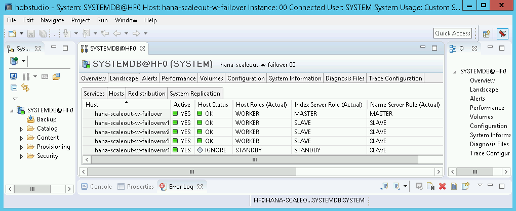 Screenshot der Ansicht &quot;Landscape&quot; in SAP HANA Studio