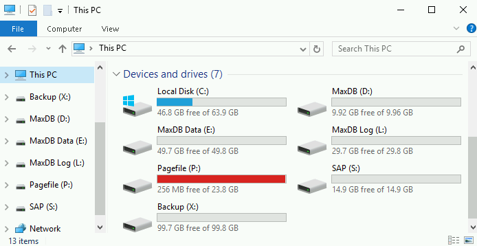 Deployment Manager によって MaxDB 用に作成されたディスク ドライブ。