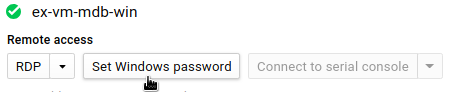 Set Windows password by clicking button on VM instance details page.