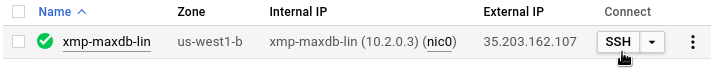 Compute Engine VM 執行個體頁面中的 [SSH] 按鈕。