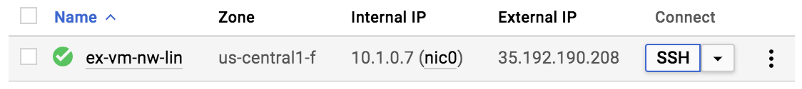 Botão SSH na página &quot;Instâncias de VM&quot; do Compute Engine.