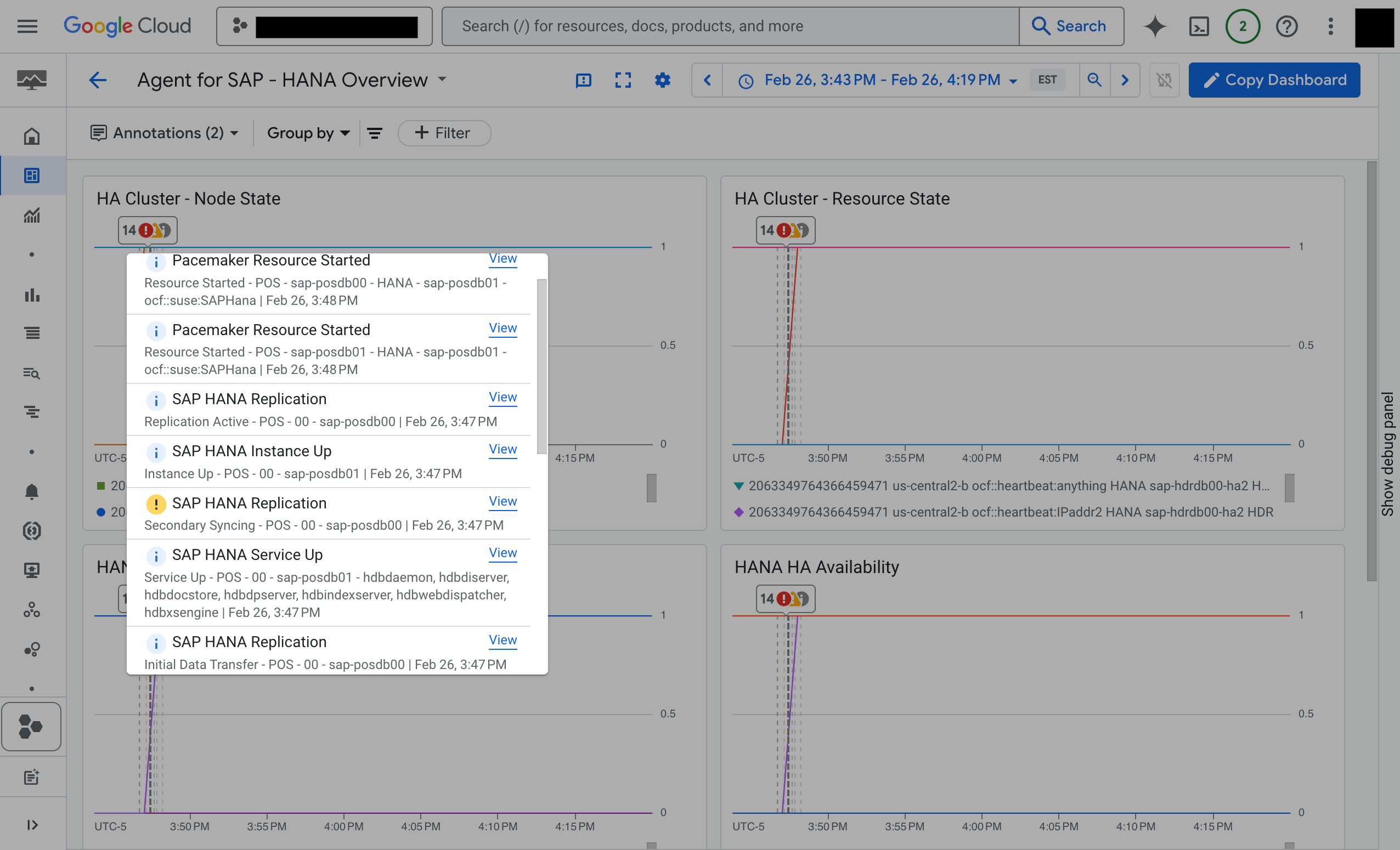 Capture d&#39;écran montrant les annotations d&#39;événements pour les types d&#39;événements &quot;Disponibilité SAP&quot; et &quot;Opérations SAP&quot;.