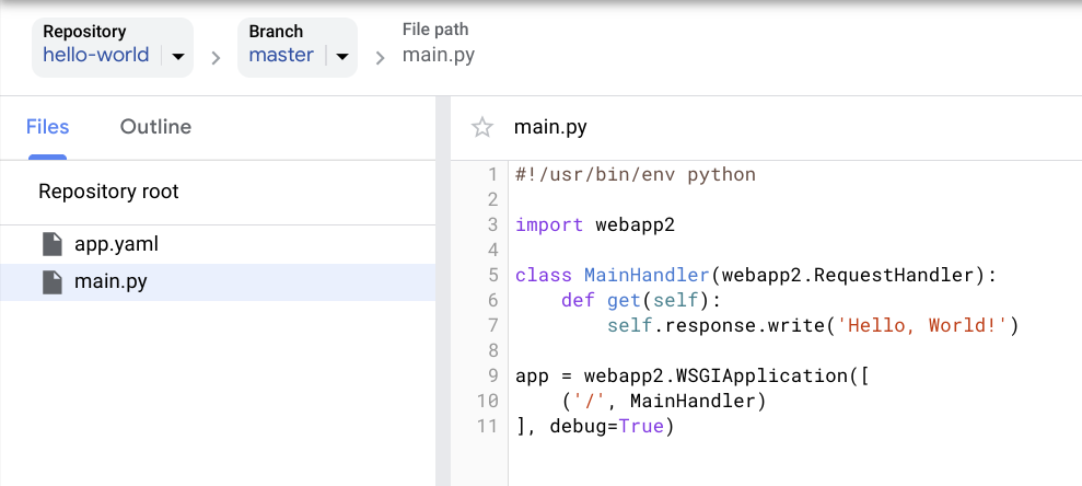 Captura de tela que mostra a lista de arquivos no Cloud Source Repositories