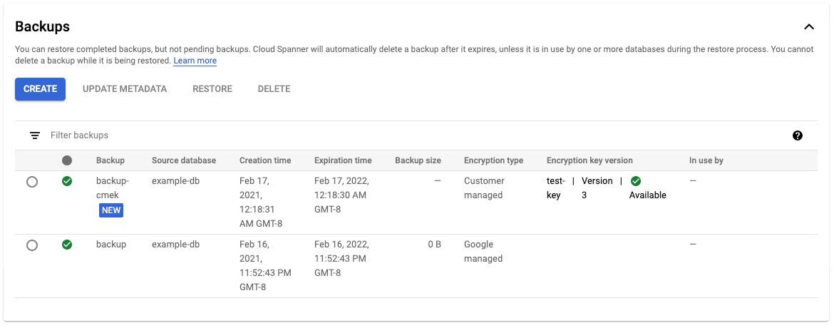 Screenshot of the Backups table showing the encryption information for each backup