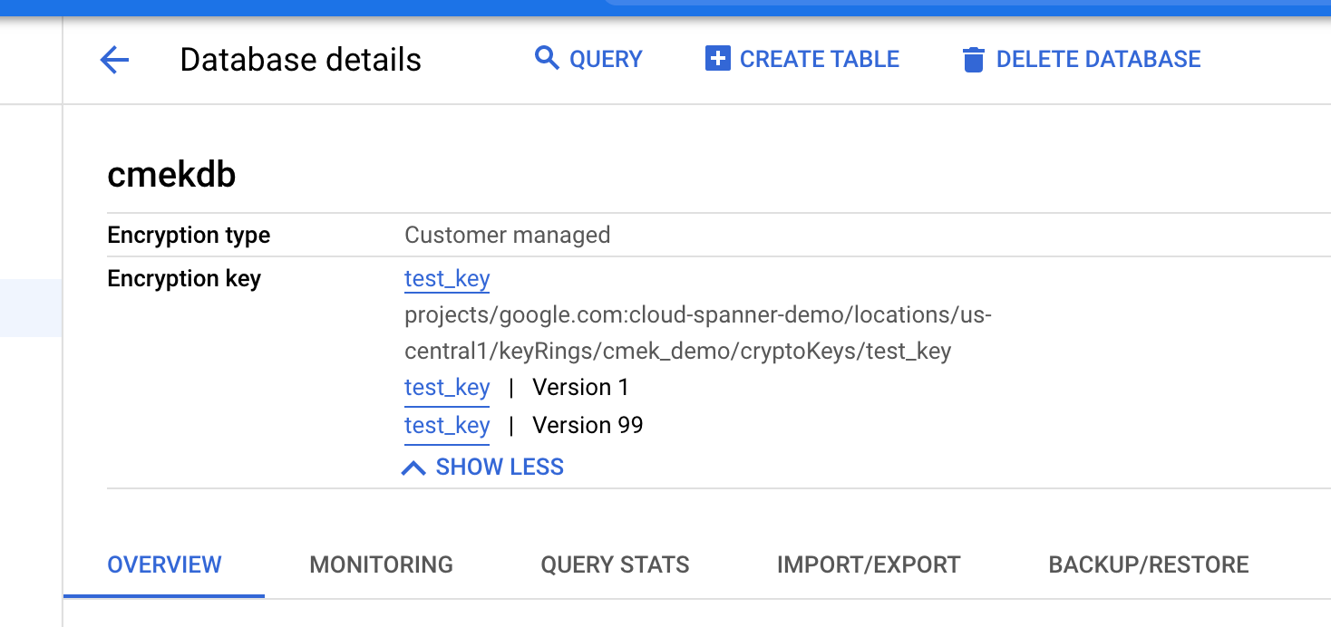 Screenshot that shows the encryption type and key of a database