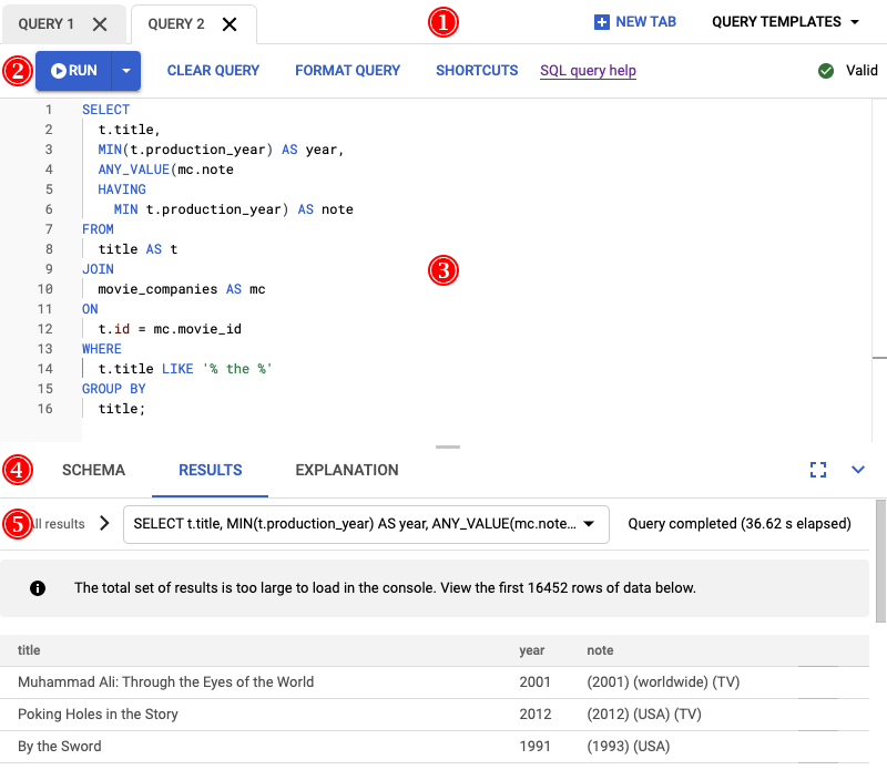 Pagina dell&#39;editor di query annotata con i componenti chiave numerati.