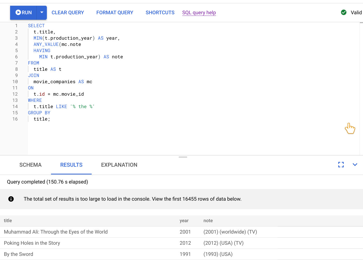 Editor di query che mostra la query originale