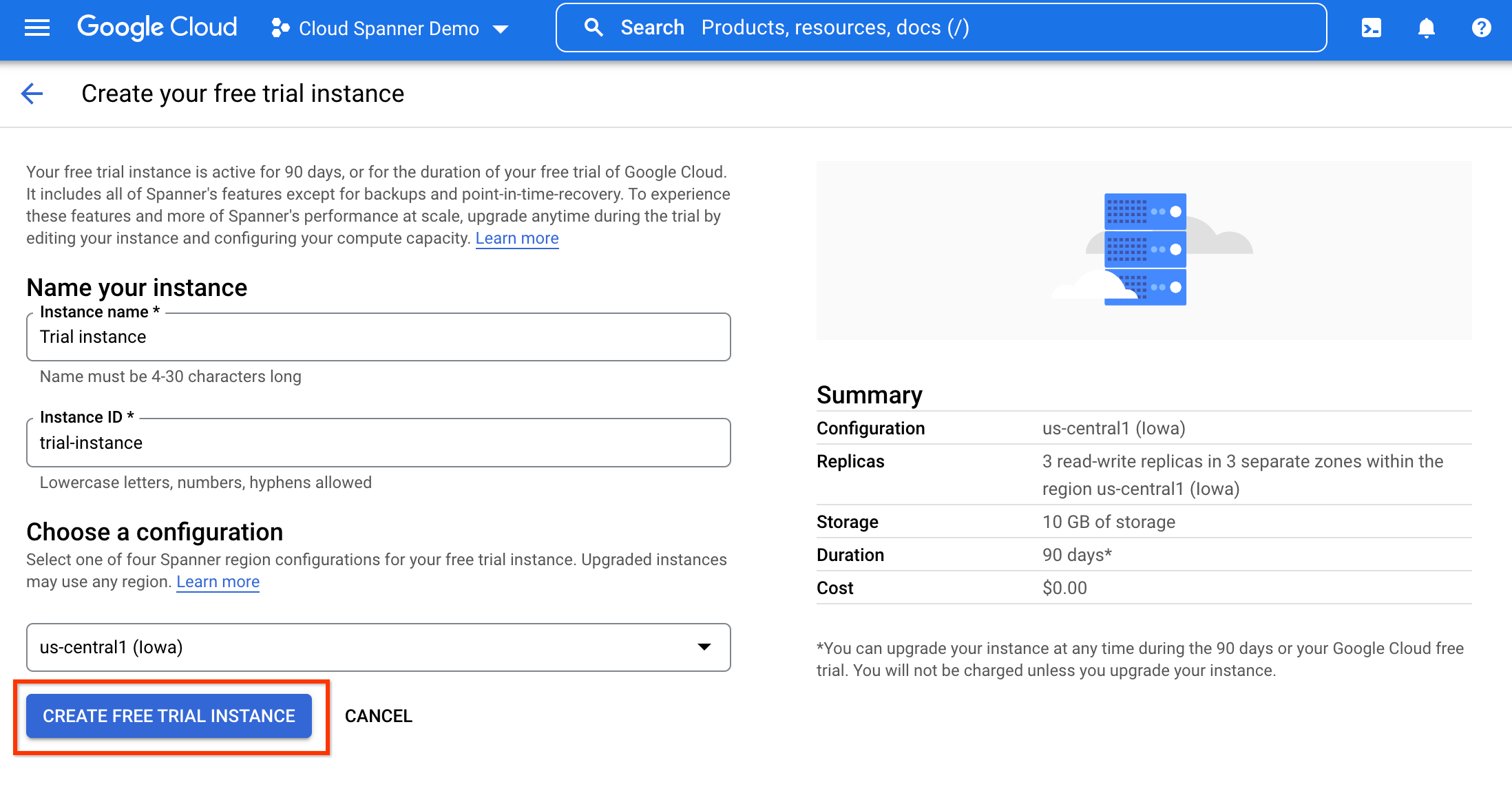 無料トライアル インスタンスの作成ページがハイライト表示された、[無料トライアル インスタンスの作成] ページのスクリーンショット。