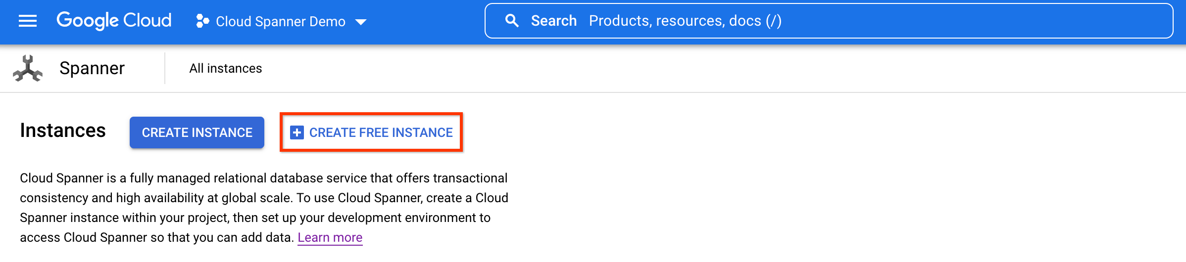 무료 인스턴스 만들기가 강조표시된 Spanner 인스턴스 페이지의 스크린샷