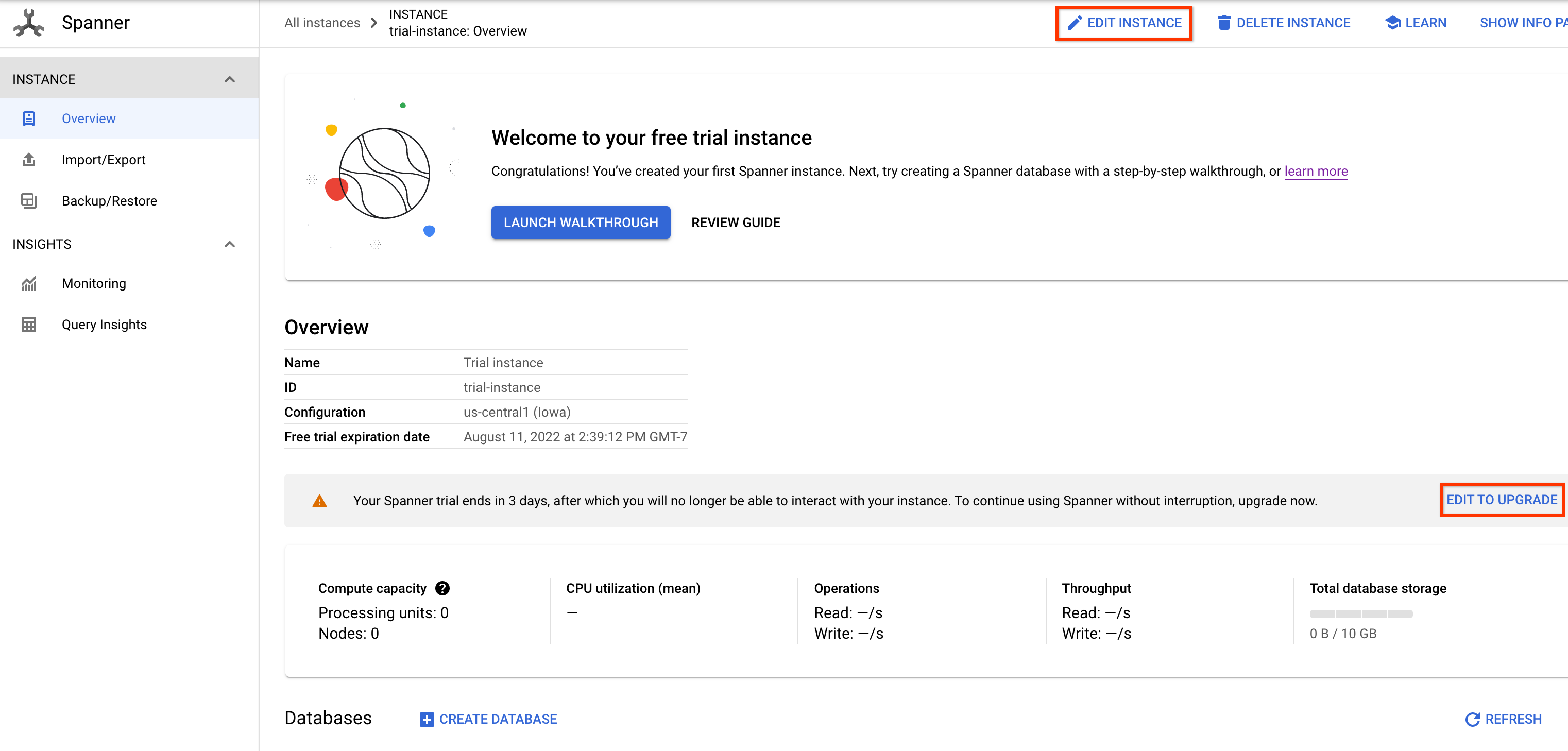 Captura de tela da página Visão geral da instância e do botão &quot;Editar para upgrade&quot;