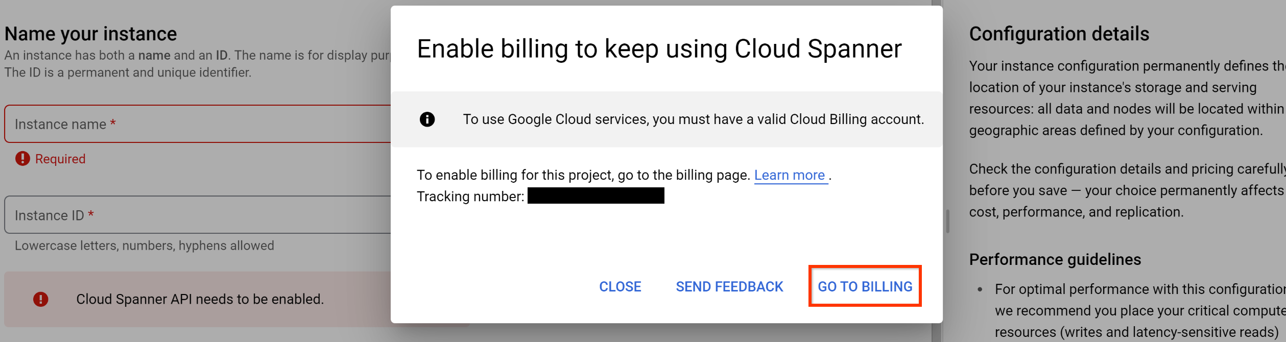 Screenshot of the Enable billing to keep using Cloud Spanner pop-up, highlighting the Go to billing button.