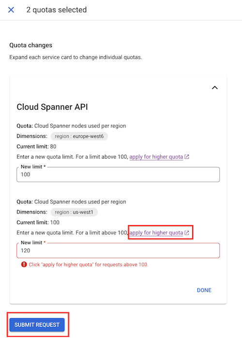 google cloud console quotas page