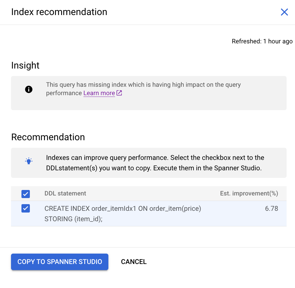 View of an index recommendation.