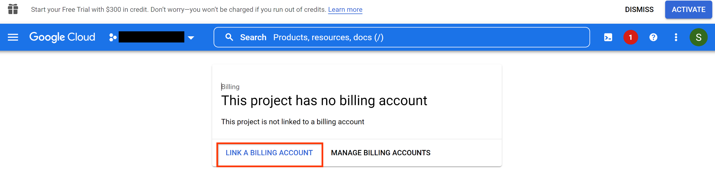 Captura de pantalla de una página en la que se muestra "Este proyecto no tiene cuenta de facturación" y se destaca el botón Vincular una cuenta de facturación (Link a billing account).