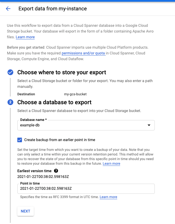 Export data form in the console, showing options for selecting a storage bucket and database.