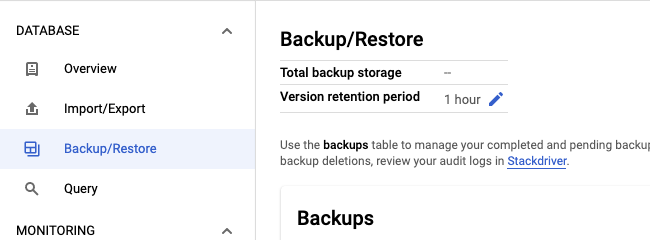 Backup/Restore form in the console, showing the Version retention period field set to 1 hour and a pencil icon for editing this value.