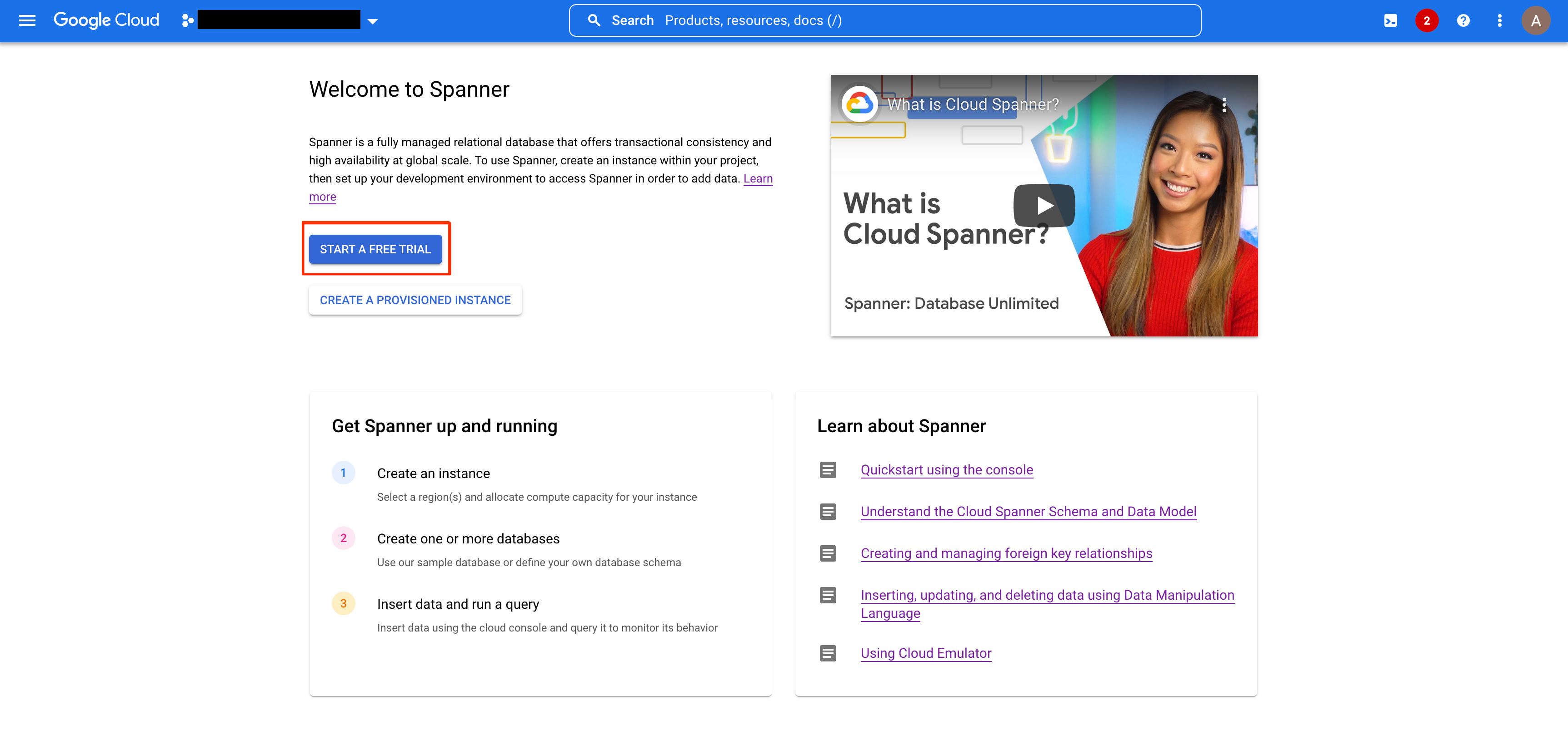 Screenshot of the Spanner landing page in the Google Cloud console, highlighting the Start a free trial button.