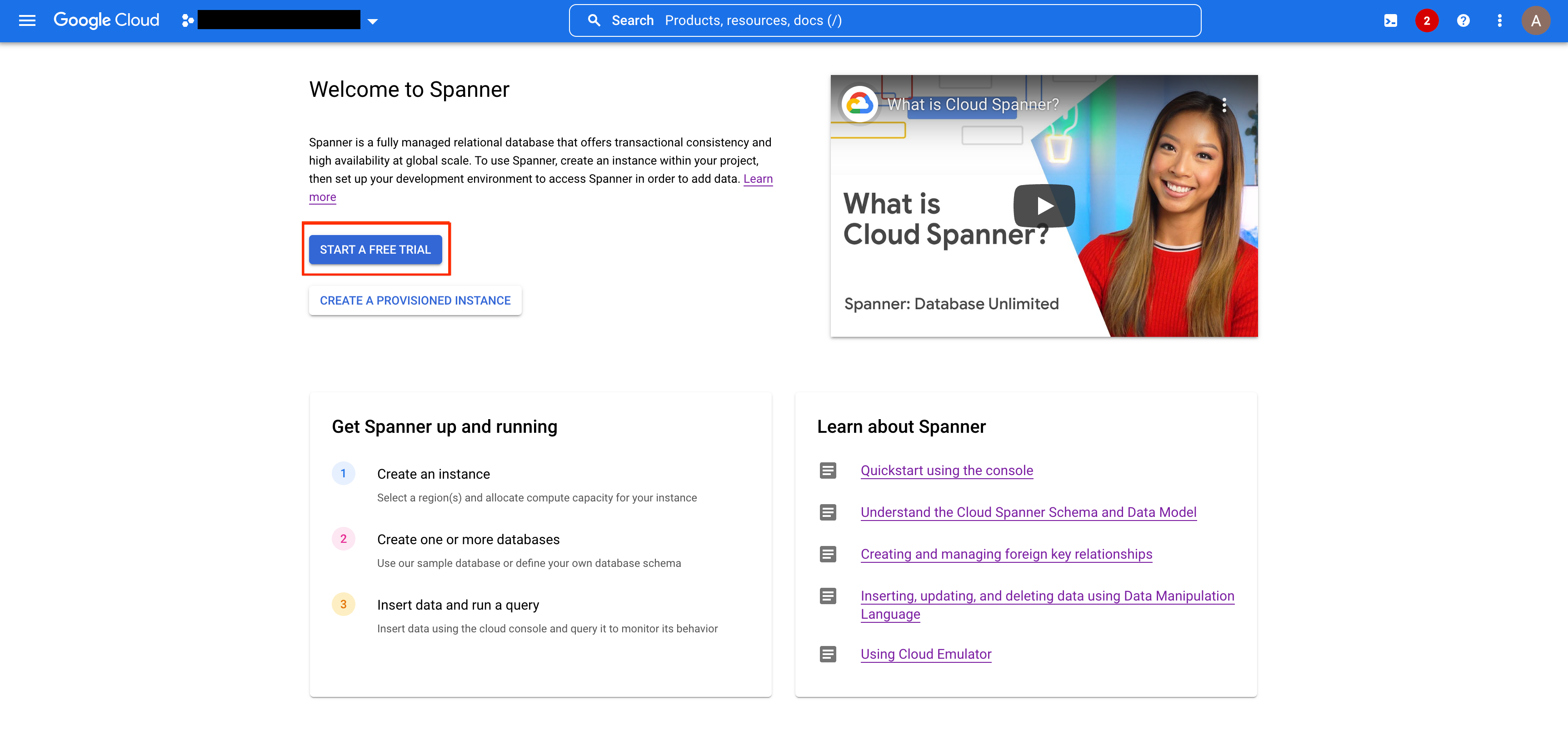 Screenshot der Spanner-Landingpage in der Google Cloud Console, mit hervorgehobener Schaltfläche „Kostenlosen Testzeitraum starten“.