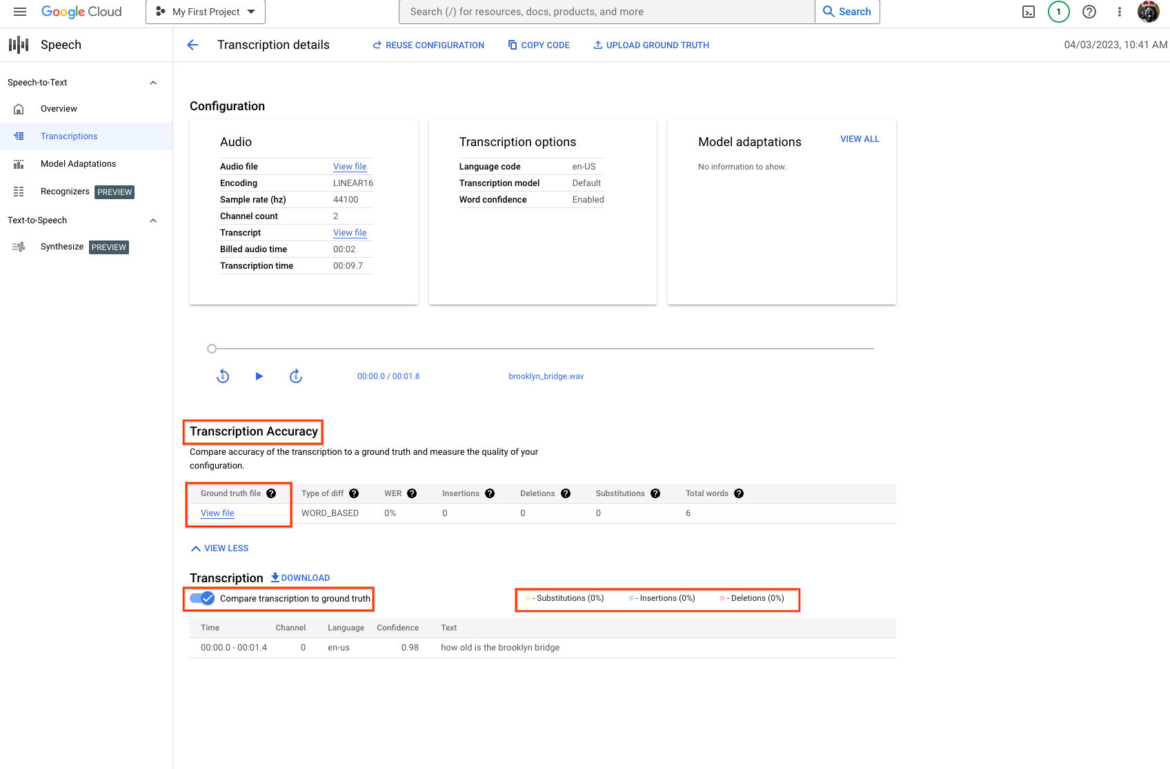 Captura de pantalla de la página de precisión de la transcripción de Speech-to-Text, que muestra los resultados de la evaluación calculados para la transcripción dada con una tasa de error de palabras del 0 %.