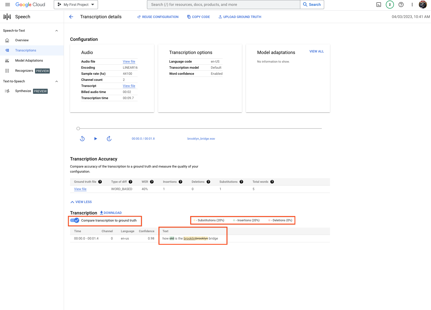 Capture d&#39;écran de la page de précision de la transcription Speech-to-Text, montrant les résultats des évaluations calculées pour la transcription donnée avec un taux d&#39;erreur sur les mots de 40 %.