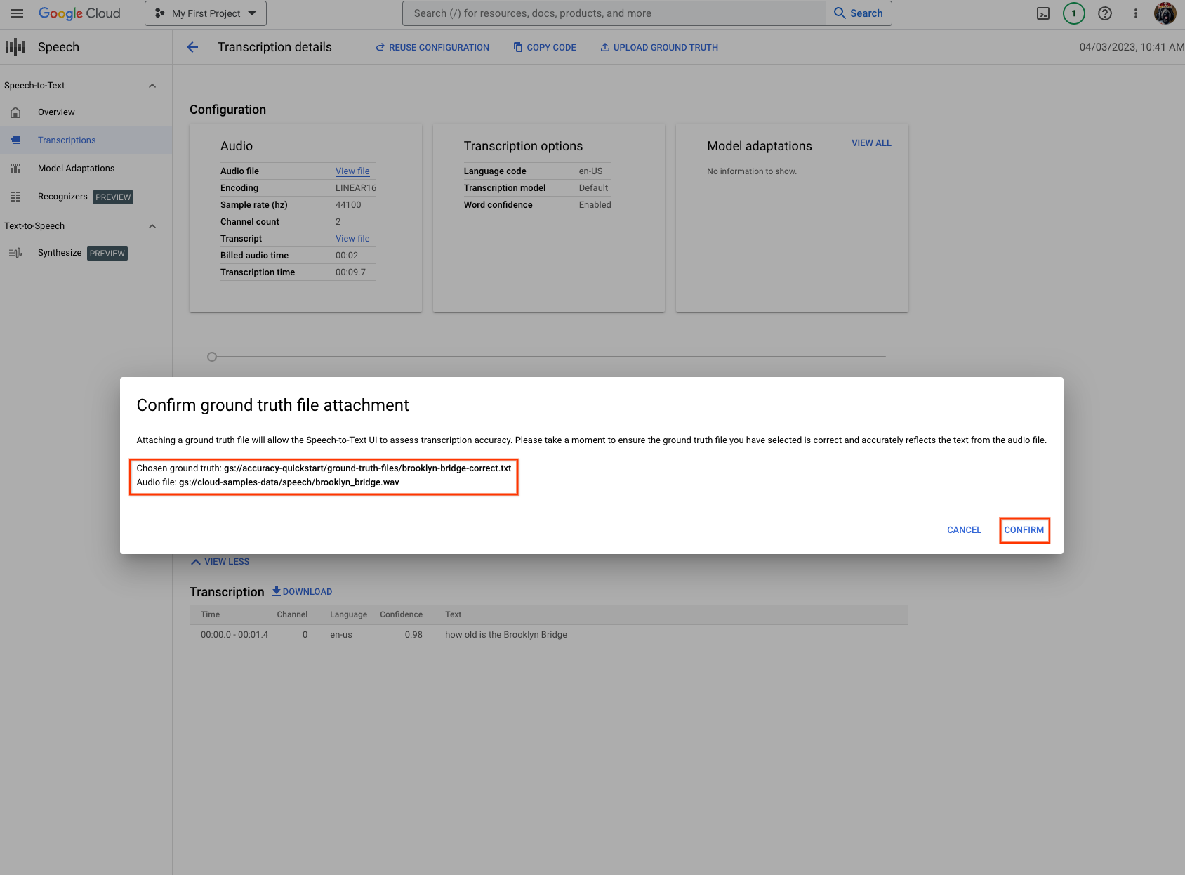 Screenshot der Speech-to-Text-Transkriptionsseite mit dem Inhalt der hochgeladenen Ground-Truth-Datei.