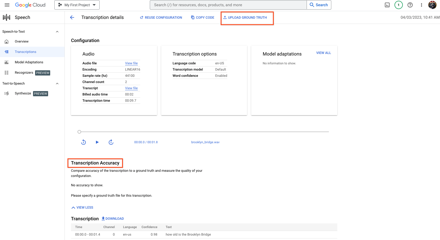 Screenshot of the Speech-to-Text transcription details page, showing transcription accuracy section and the upload ground truth button