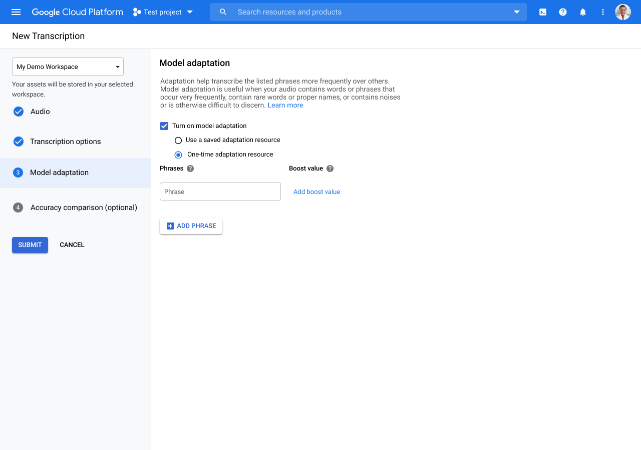 Google Cloud 控制台中“模型自适应”页面的屏幕截图。