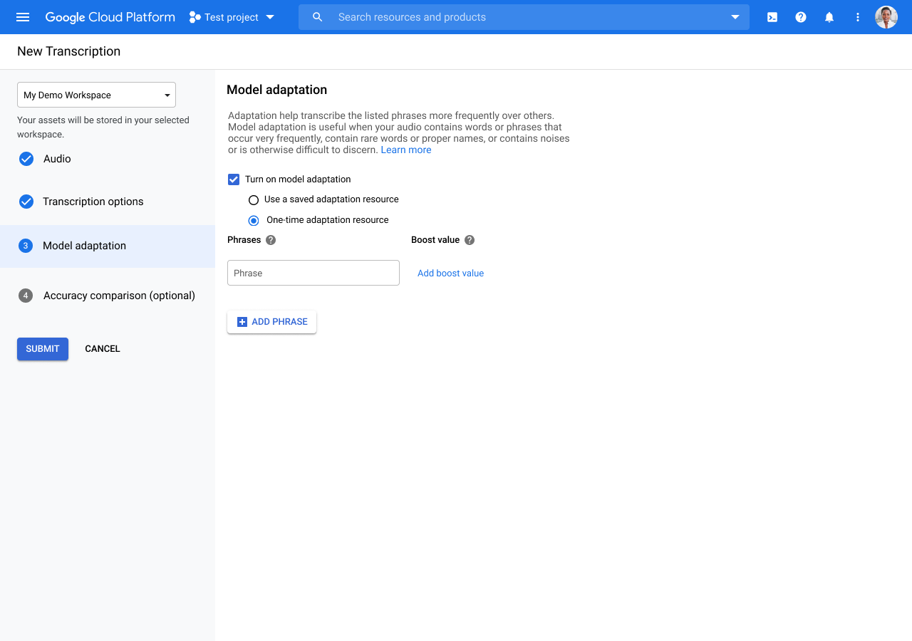 這是 Google Cloud 控制台的「Model Adaptation」(模型調整) 頁面螢幕截圖。