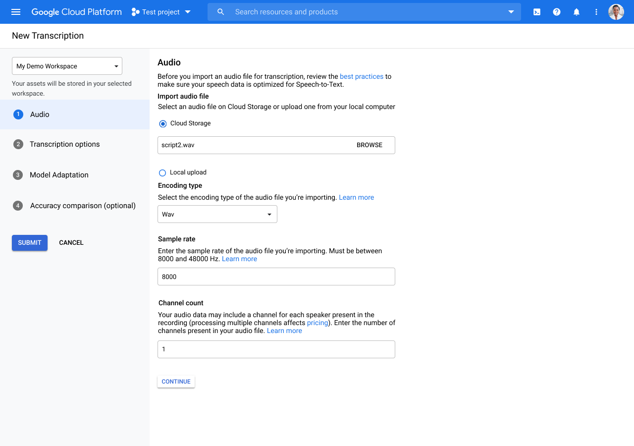 Screenshot halaman Create a Audio Transcription di Konsol Google Cloud.