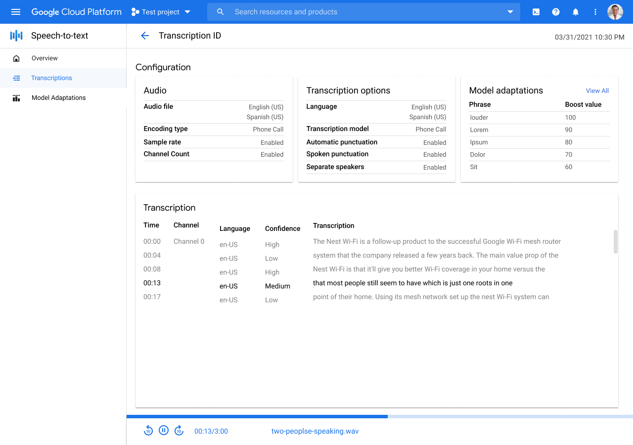 這是 Google Cloud 控制台中「Transcription Details」(轉錄詳細資料) 頁面的螢幕截圖。