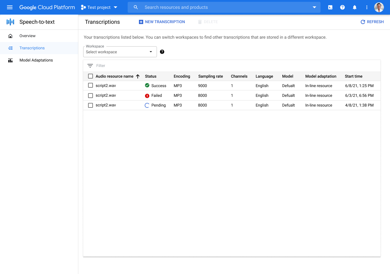 Google Cloud 控制台中“转录列表”页面的屏幕截图。