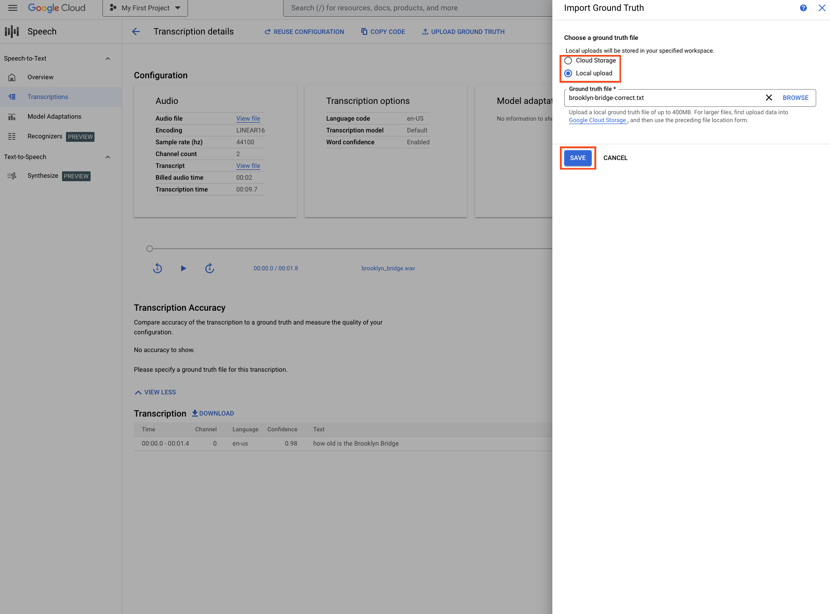 Captura de tela da página de criação da transcrição da Speech-to-Text, mostrando a seleção ou o upload de um arquivo de informações empíricas.