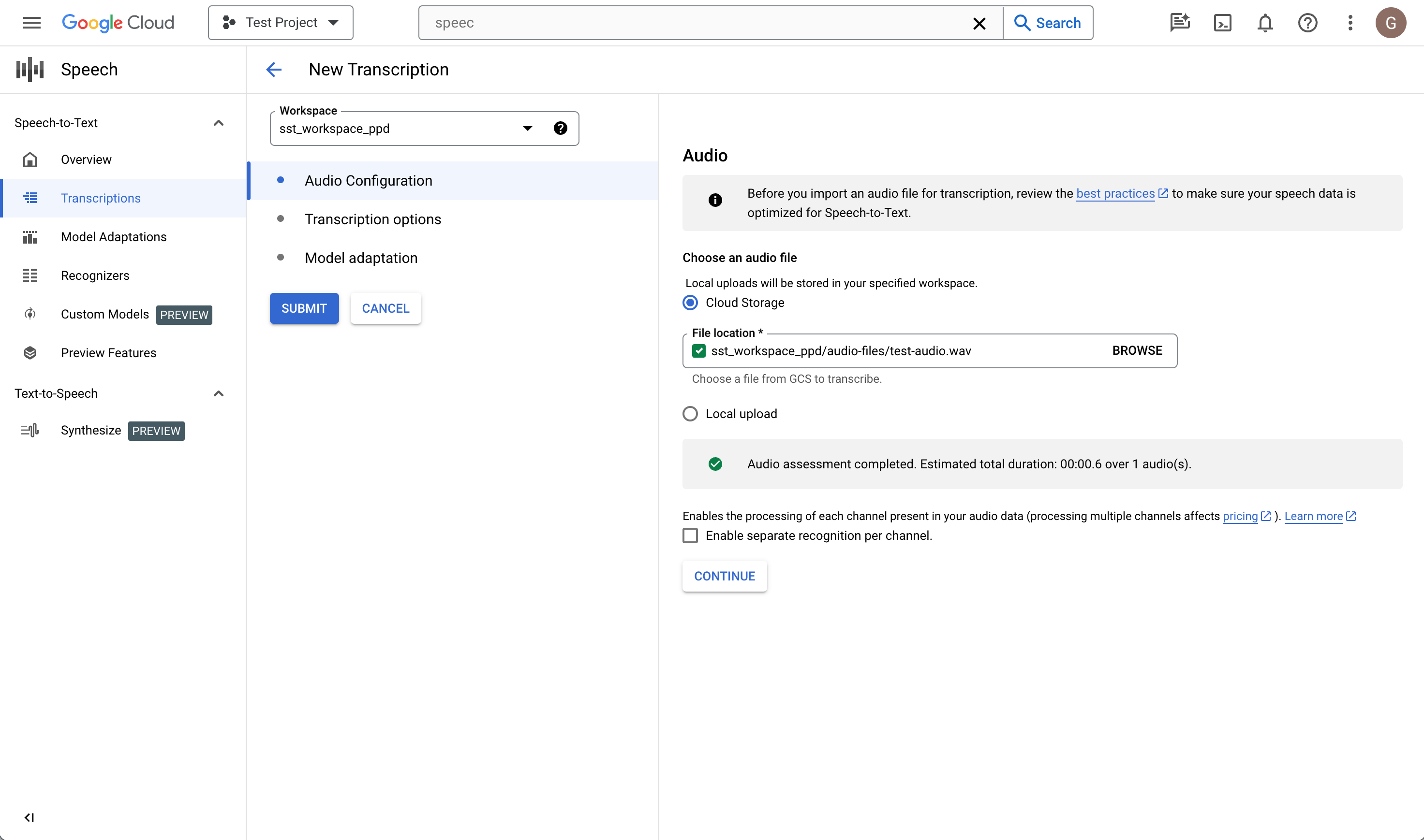 Capture d'écran de la page "Créer une transcription" de Speech-to-text.