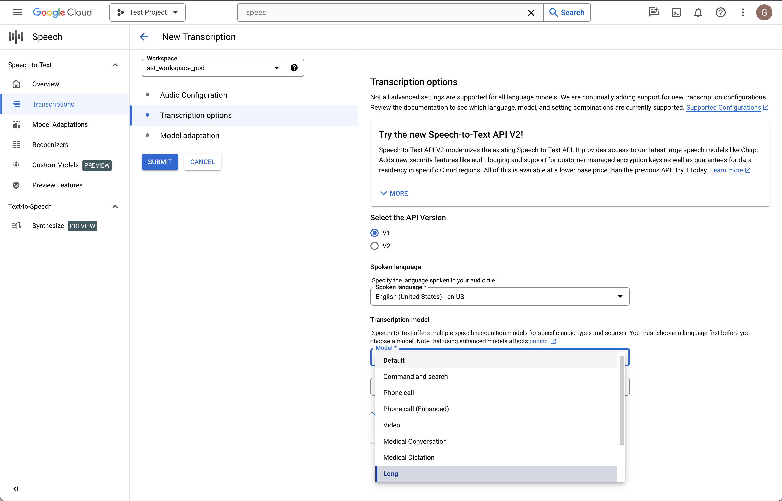 Capture d&#39;écran de la page &quot;Créer une transcription&quot; de Speech-to-text.