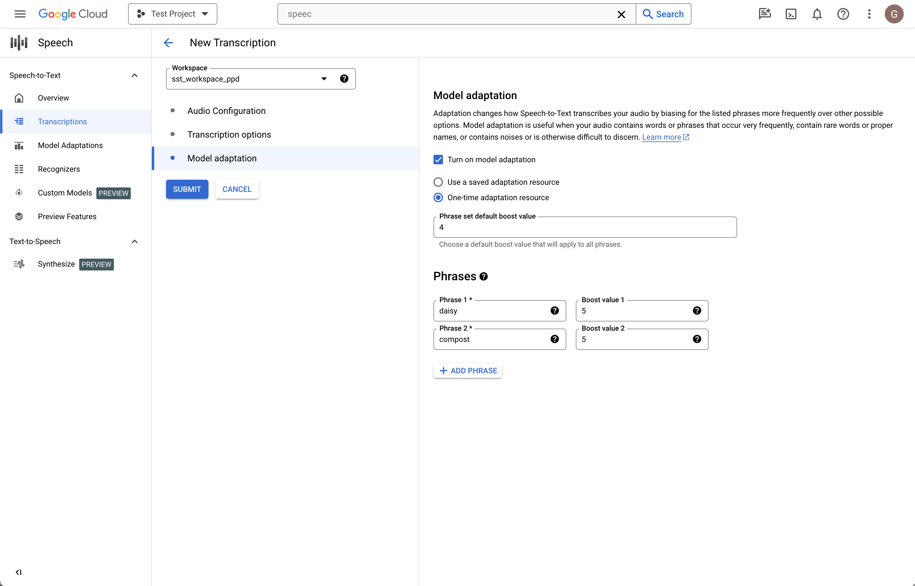 Capture d&#39;écran de la page &quot;Créer une transcription&quot; de Speech-to-text.