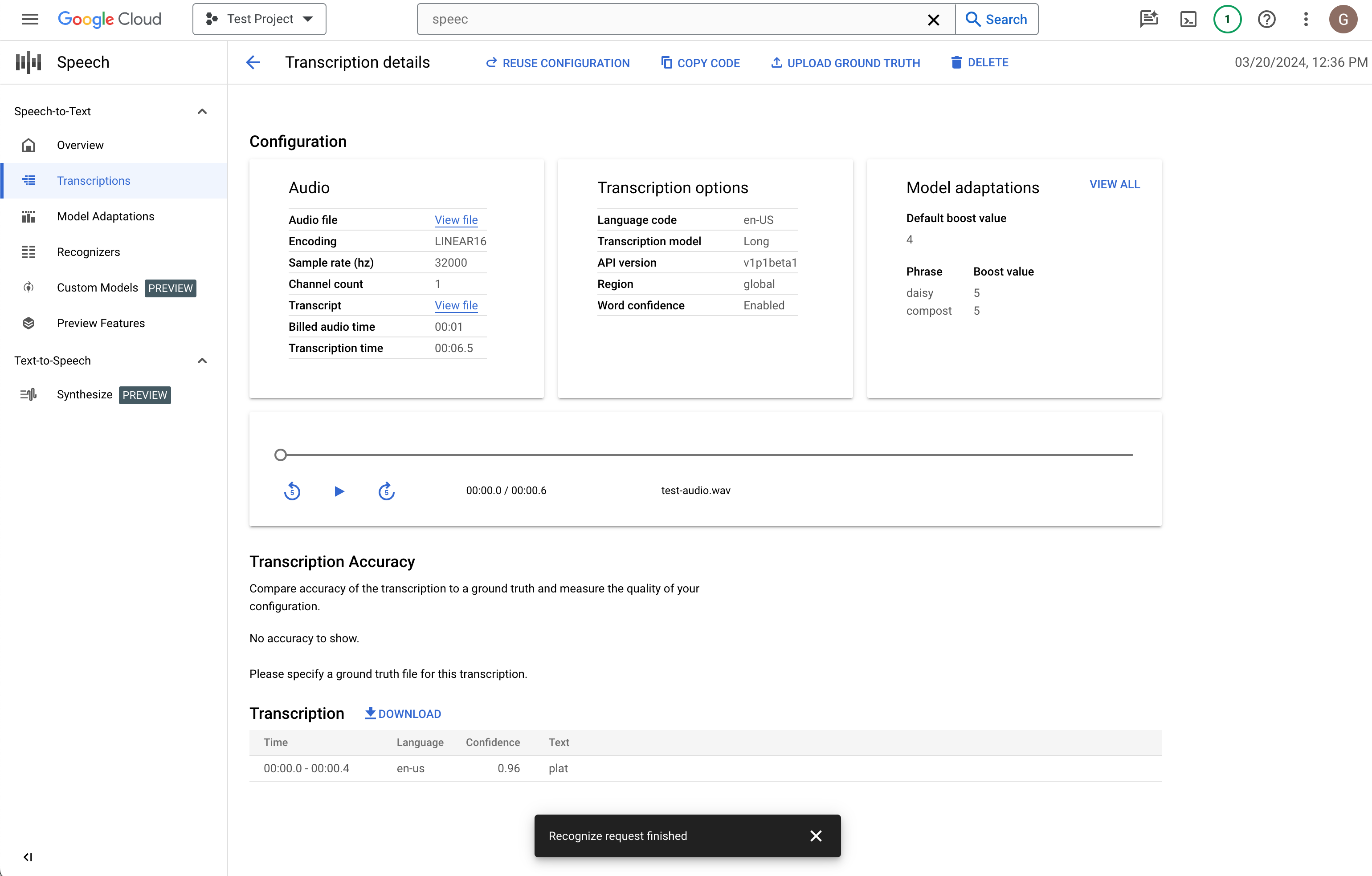 Capture d'écran de la page "Liste de transcription" de Speech-to-text.